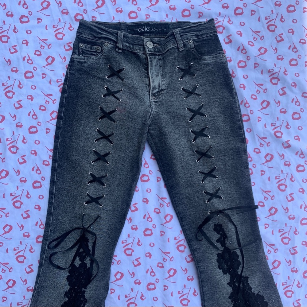 Super Unique Lace Up Pants with Lace Detailing and Sequins